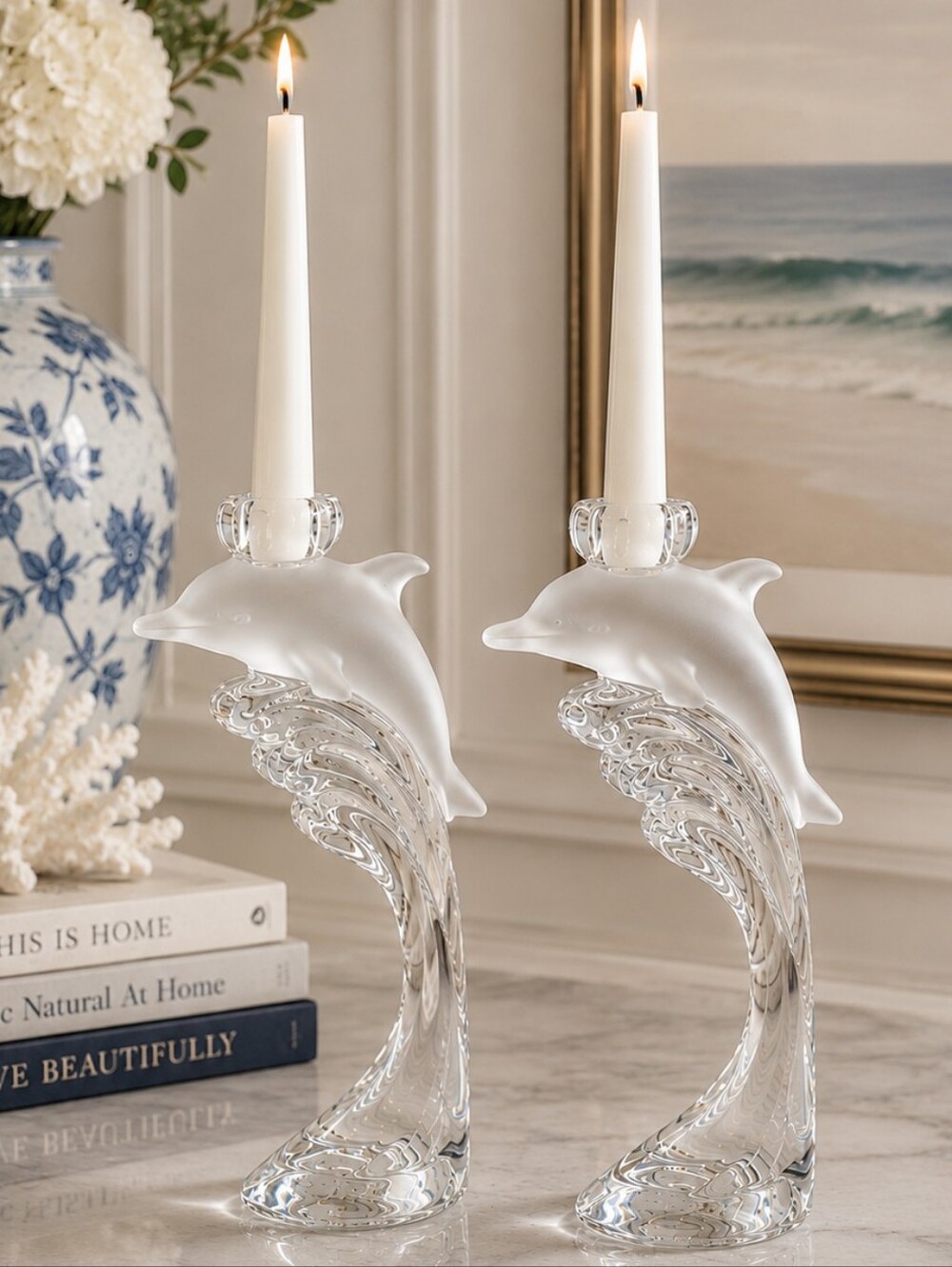 Lenox Crystal Dolphin Candle Holders Set Coastal Luxe Decor